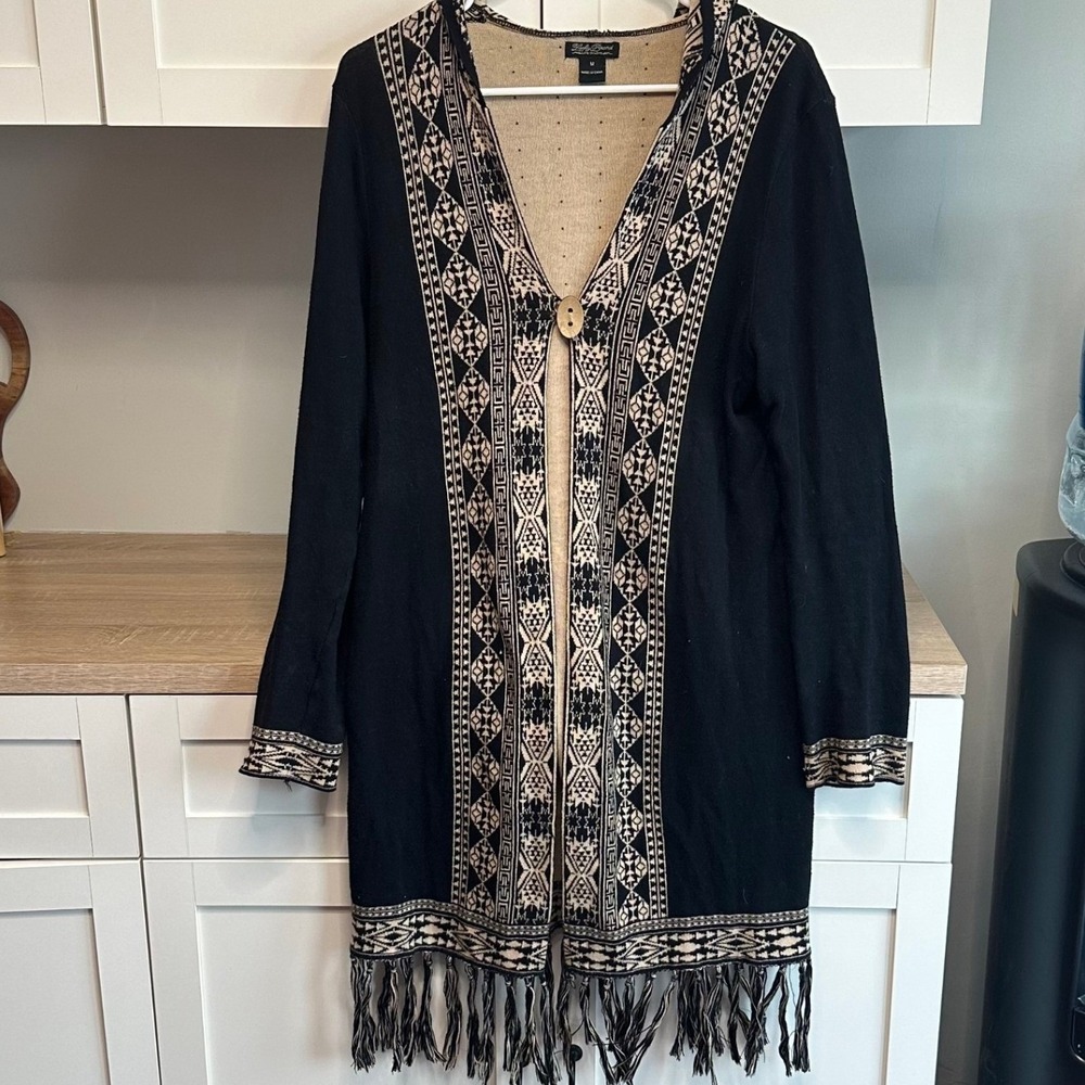 Y2K‎ Lucky Brand Long Duster Cardigan Women's M Southwestern Fringe Black Tan